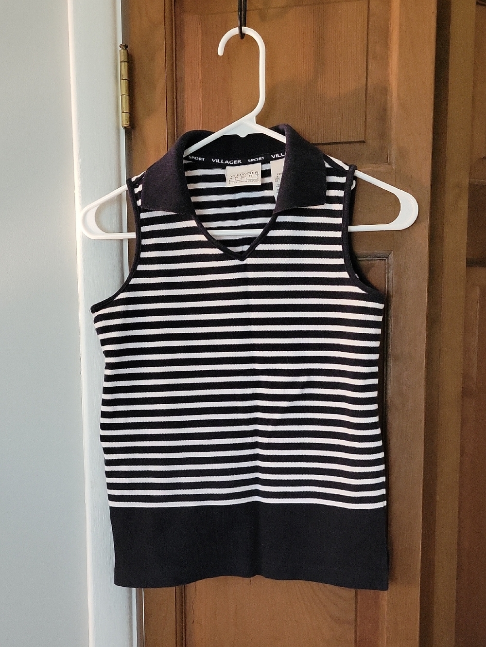 Liz Claiborne Villager Sport Navy & White Striped Sleeveless Polo Vintage 90s